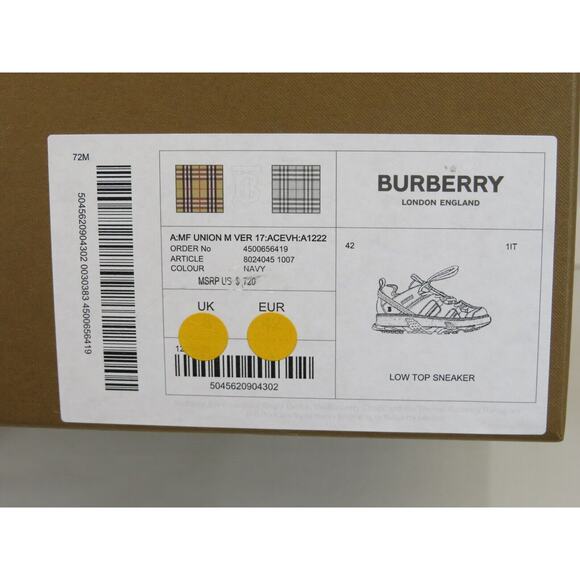 NIB BURBERRY UNION NAVY LEATHER MESH RED LOGO LOW TOP SNEAKERS 9 US 42 ITALY - Picture 12 of 12